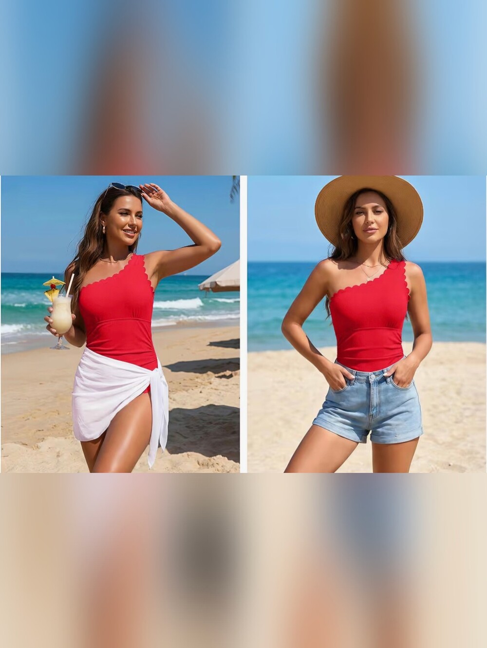 One-Shoulder Red Scallop Edge One-Piece Swimsuit #1300 - Picture 5 of 6
